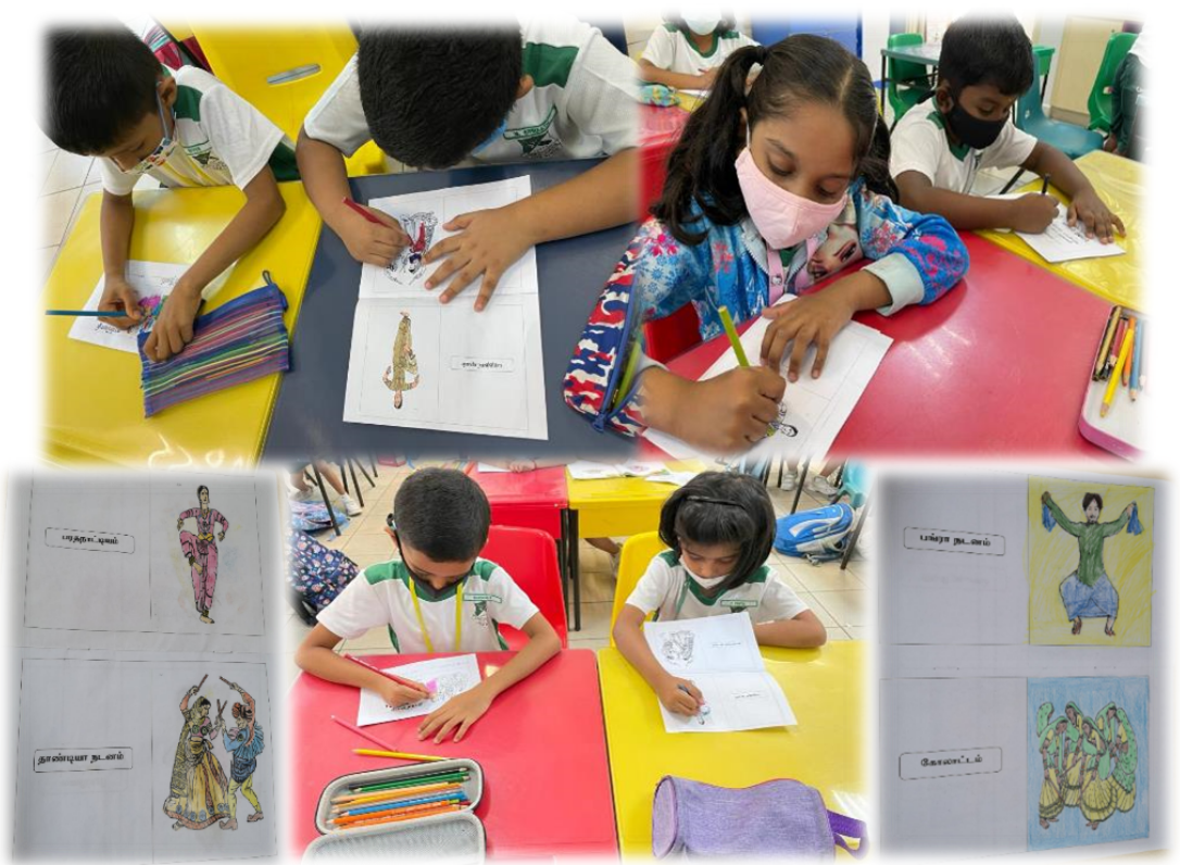 Young school children sit at colorful tables coloring printed dance figure worksheets with Tamil text labels.